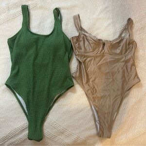 2 for 1 Green and Beige High Cut One-Piece Swimsuits Size M/L